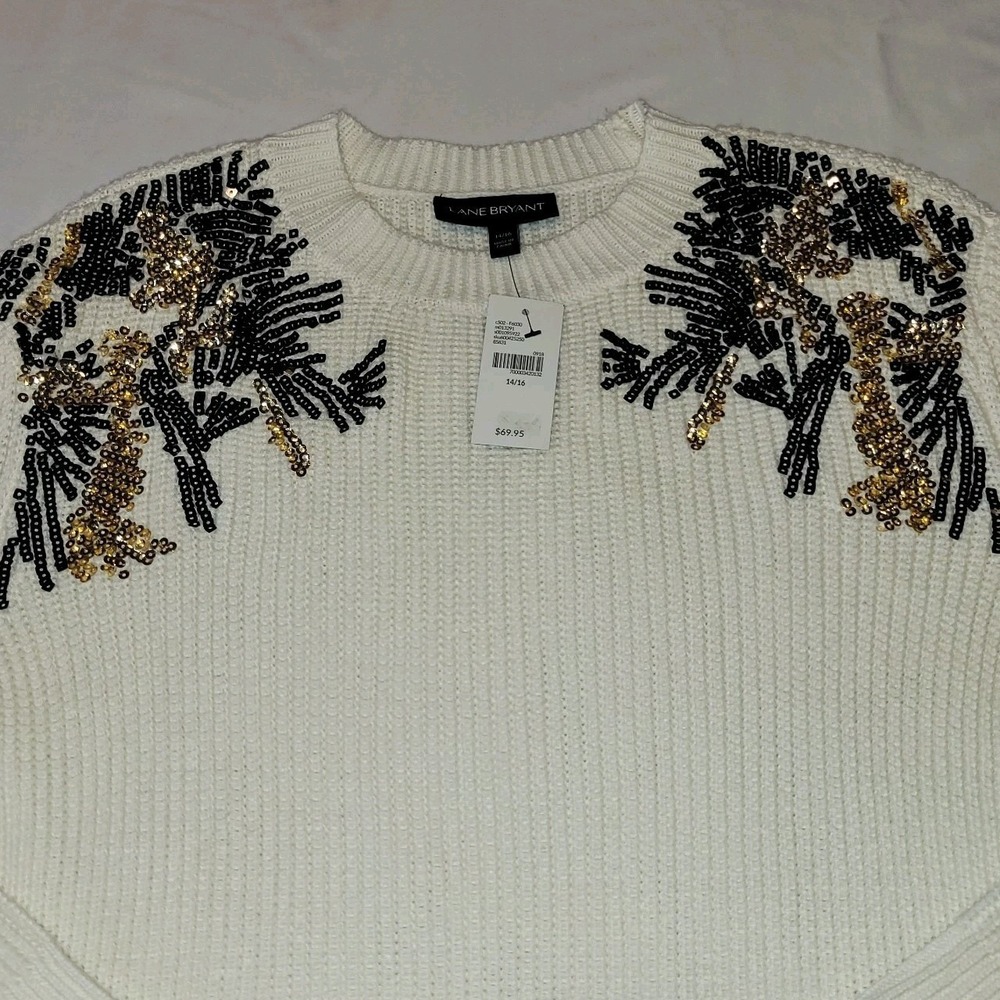 Lane Bryant Sweater Size 14/16 Ivory Pull Over Long Sleeve Round Neck Sequin NWT - Picture 1 of 5